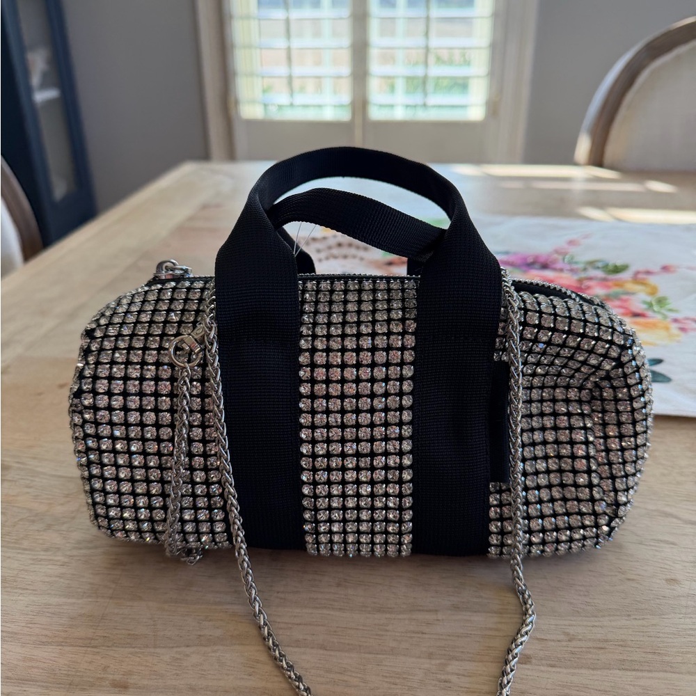 Sparkly Rhinestone Mini Barrel Bag ✨ Silver Crystal Evening Bag w/ Chain Strap - Picture 6 of 6
